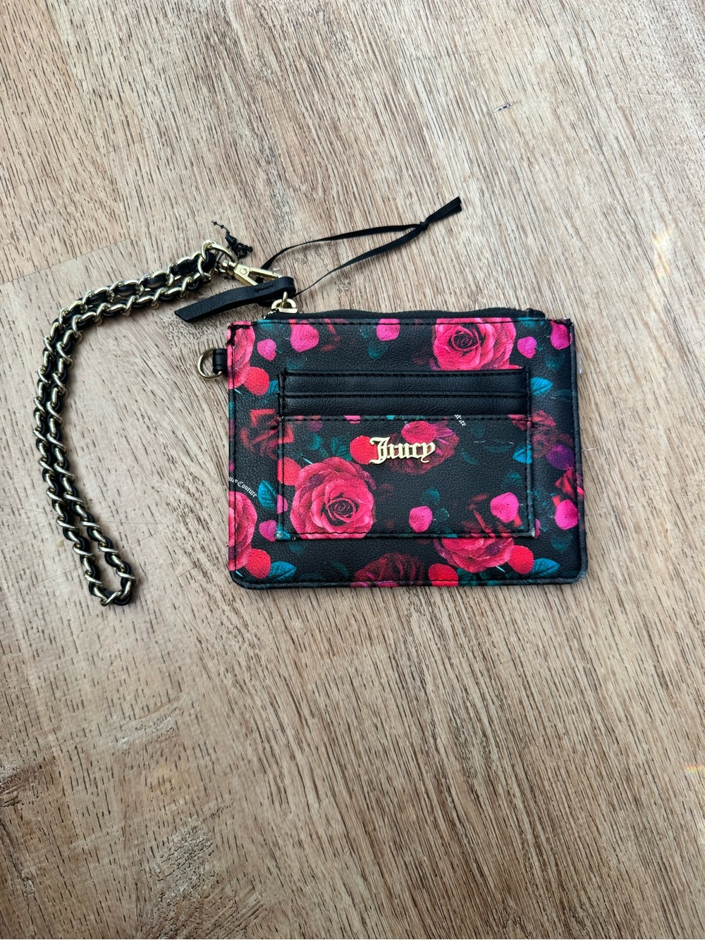 Juicy Couture Black Card Wallet with Pink Rose Print and Gold Chain